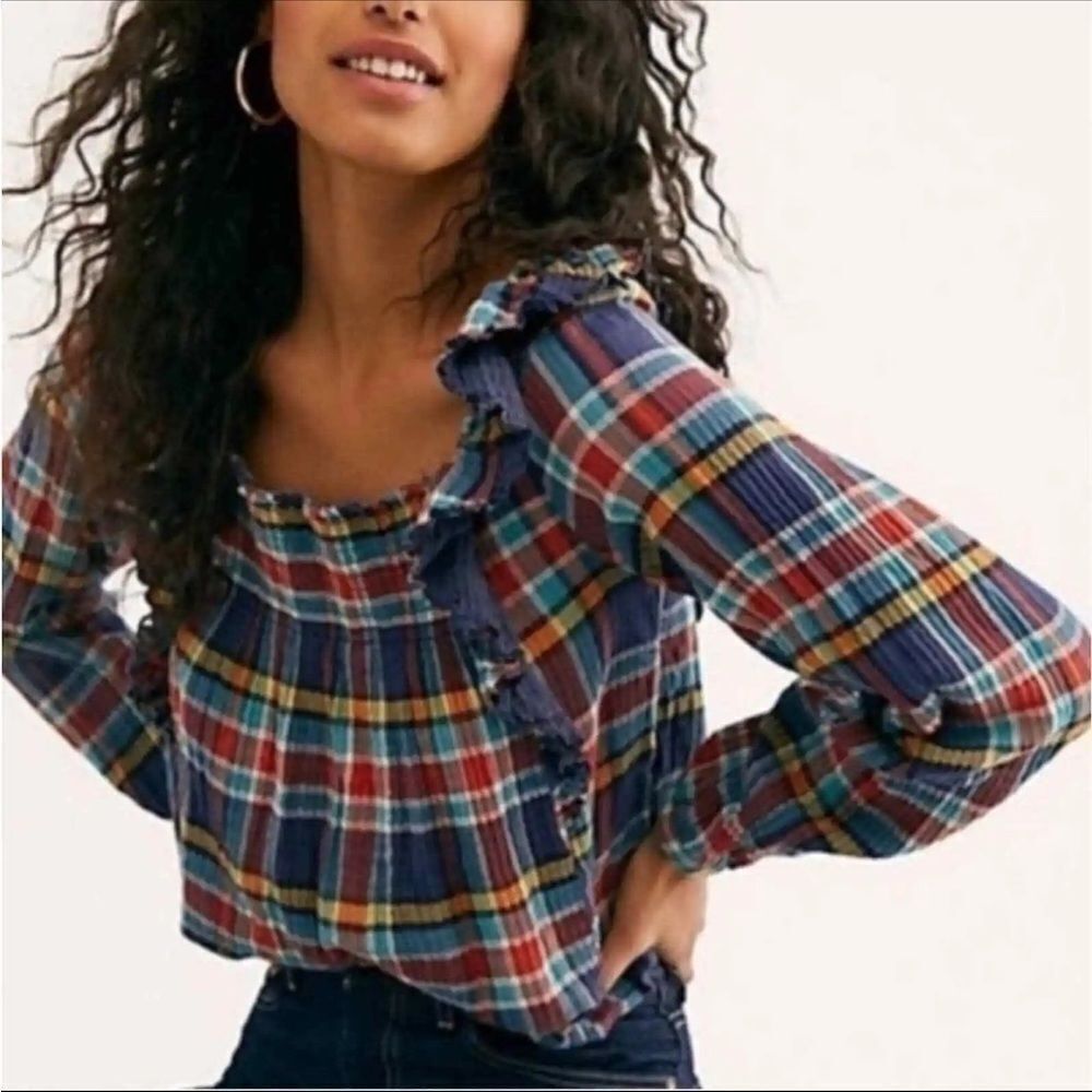 Free People Siena Plaid Ruffle Smocked Pullover Top XS​​​​​​​​​​​​​​​​​​​​​​​​​
